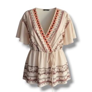 BloomChic Cream Boho Printed Elastic Waist Blouse Size 12